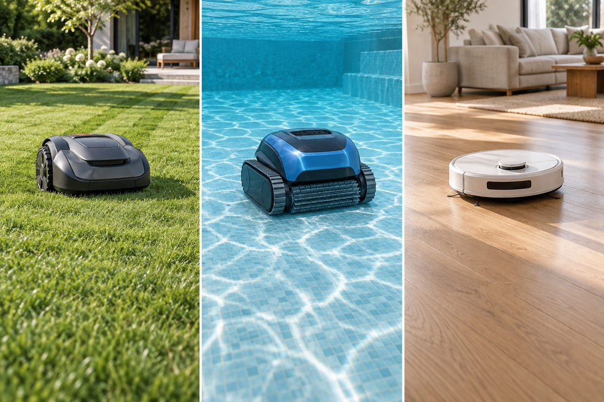 Robotic lawn mower, pool cleaner and vacuum in their lawn, pool and indoor settings